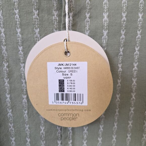 NWT COMMON PEOPLE Harris Shirt Linen Blend SS Sage Green Stripe Mens S MSRP $179 - Picture 4 of 13